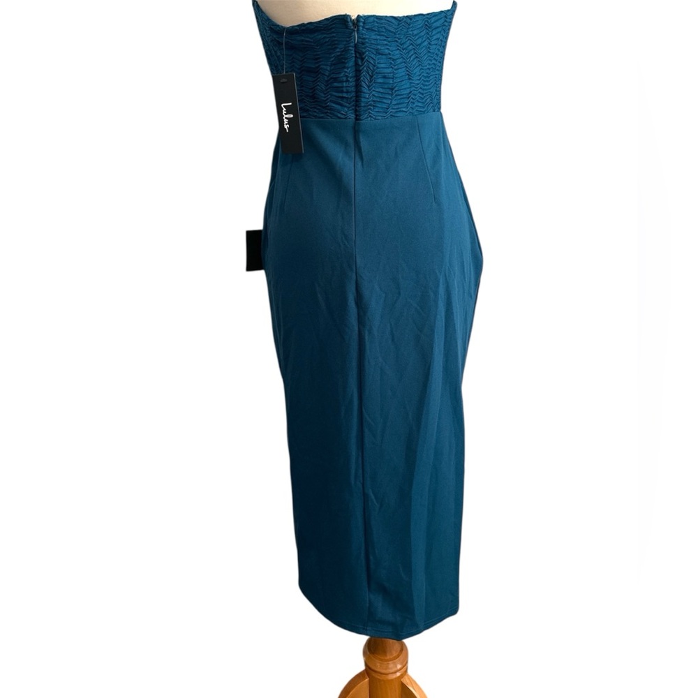 LuLus Passionate Aura Teal Blue Textured Strapless Bustier Midi Dress Large - Picture 7 of 9